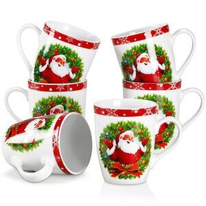 Christmas Mug Porcelain 6 Pack Coffee Cups Christmas Wreath Santa Gift Set